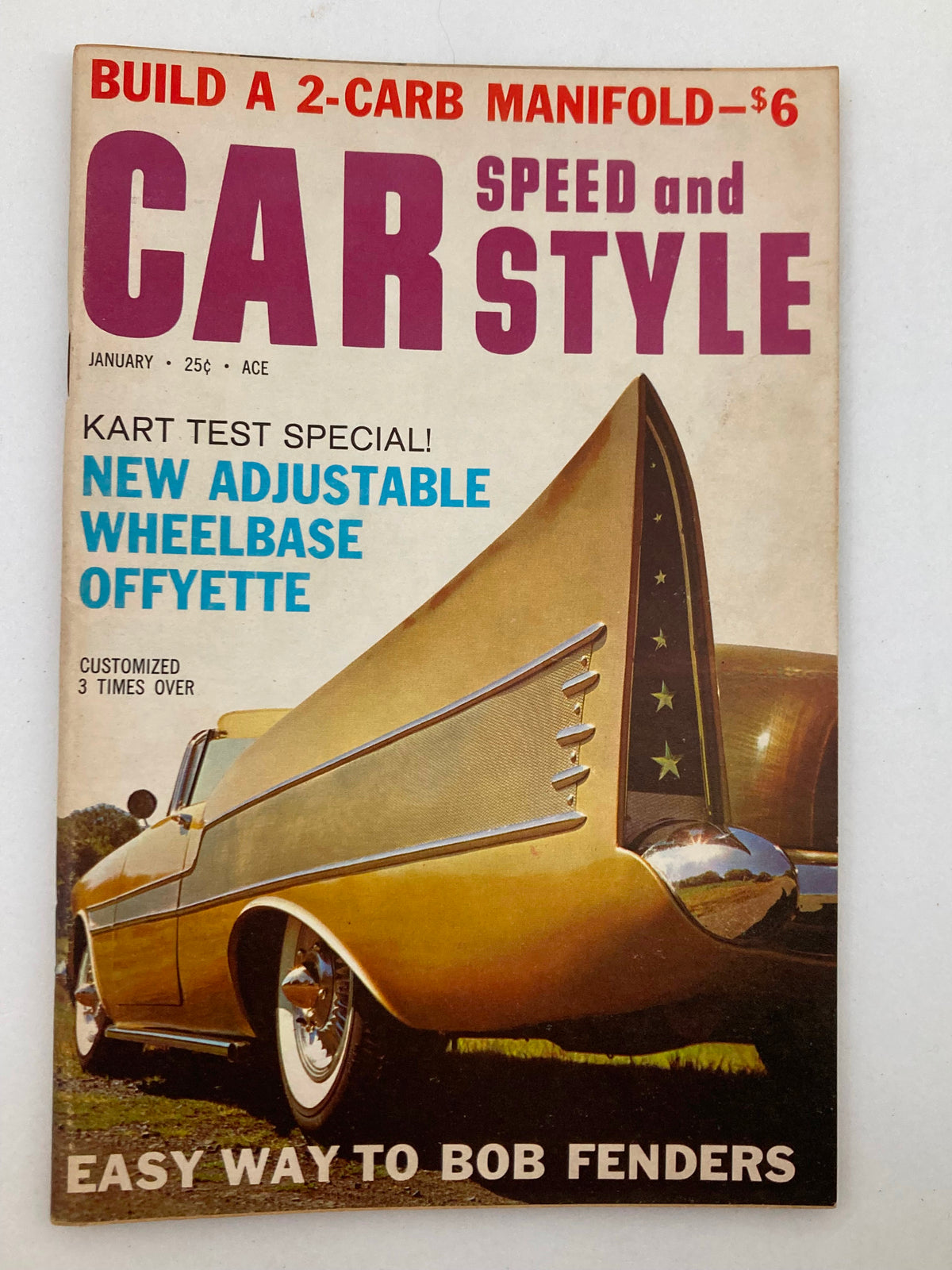 Cover of VTG Car Speed & Style Magazine January 1961 Vol 7 #1 showcasing a colorful design with the headline 'New Adjustable Wheelbase Offyette' and a stylish car. Perfect for vintage automotive enthusiasts.