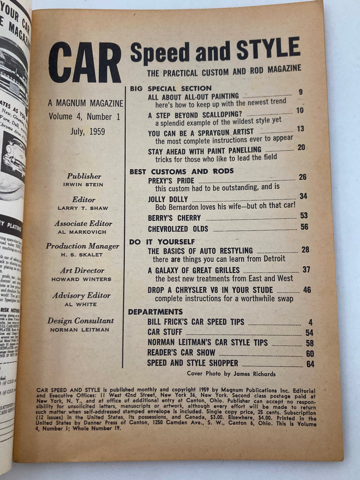 Interior page of VTG Car Speed & Style Magazine July 1959 Vol 4 #1, showcasing the table of contents including articles about car customization, painting techniques, and featured cars of the era. A glimpse into mid-century automotive publishing.
