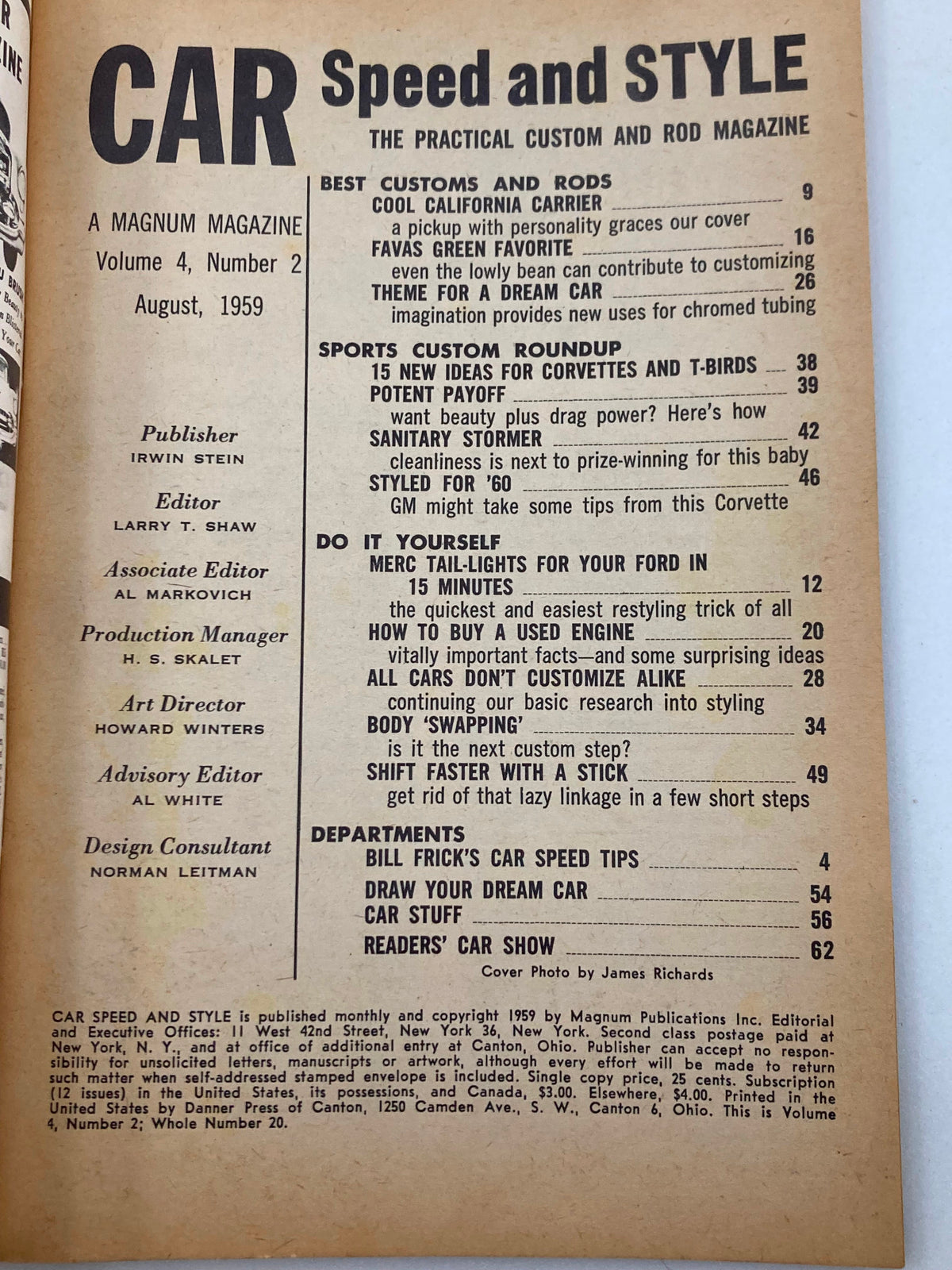 Cover page of VTG Car Speed & Style Magazine August 1959, Volume 4, Number 2, showcasing featured articles, magazine title, and publication details.