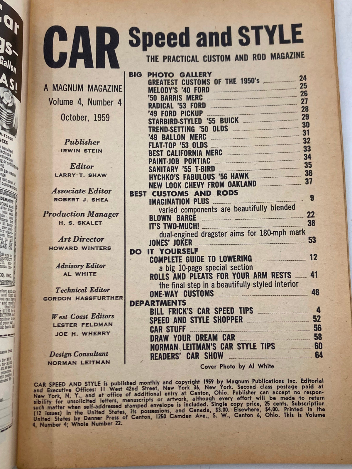 Table of contents for VTG Car Speed & Style Magazine October 1959 Vol 4 #4, outlining features such as greatest customs and a special section on lowering vehicles.