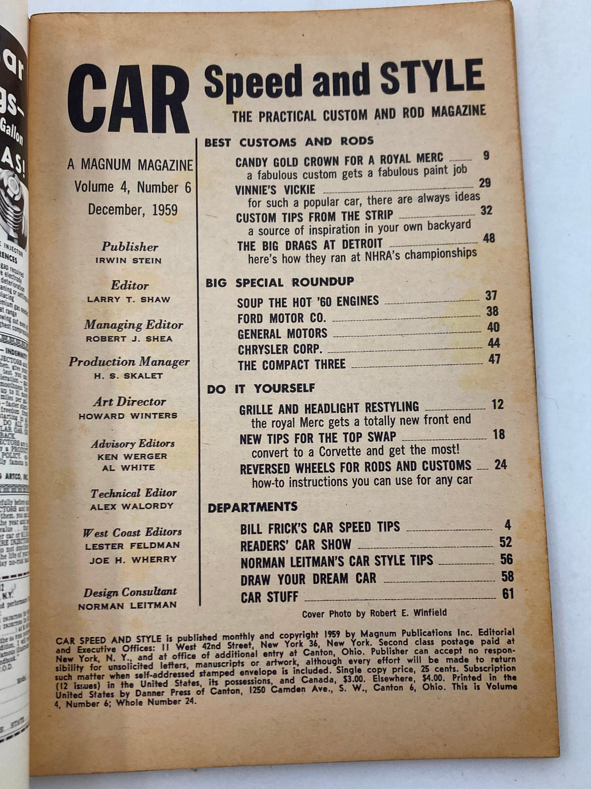 VTG Car Speed & Style Magazine December 1959 interior page displaying the table of contents, highlighting articles like 'Swap the Corvette' and car customization features.