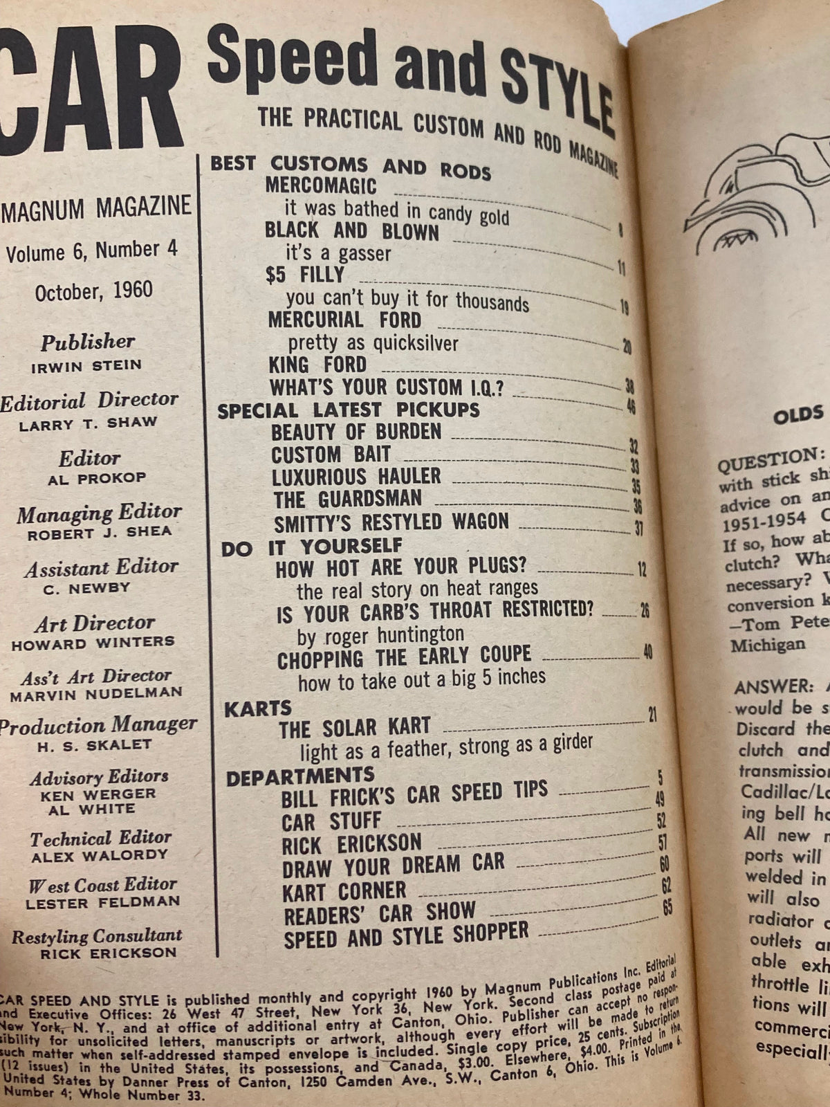 Table of contents from VTG Car Speed & Style Magazine October 1960 Vol 6 #4, featuring articles on custom cars and automotive tips.