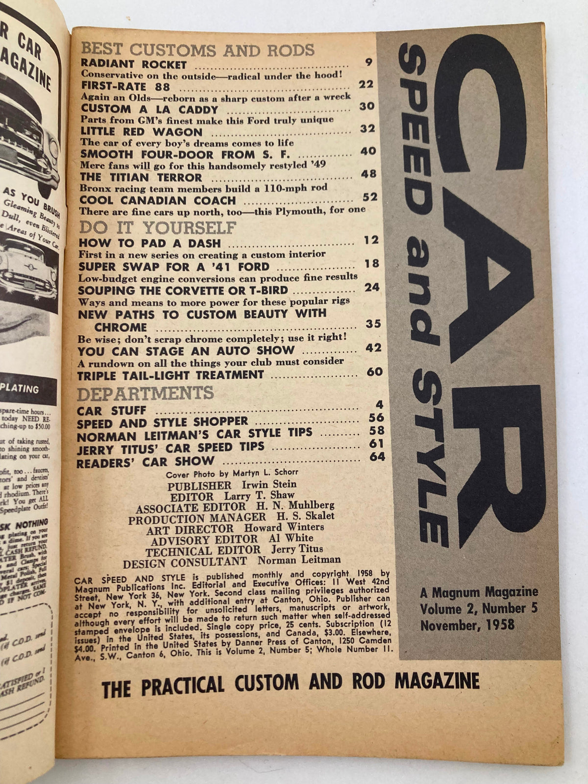 Inside page of Car Speed and Style Magazine November 1958 displaying the table of contents with article titles and features on custom cars and restoration tips.