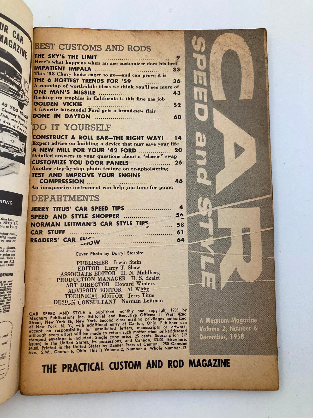 Inside page of VTG Car Speed & Style Magazine December 1958 Vol 2 #6 displaying contents including DIY car projects and customizations.