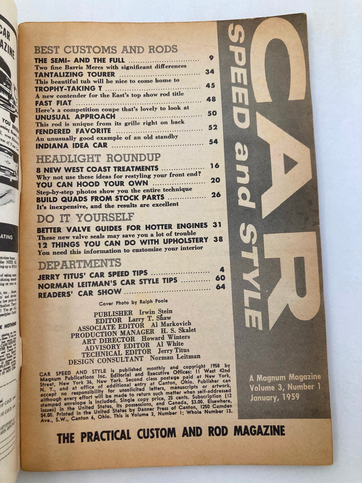 Vintage Car Speed & Style Magazine January 1959 Vol 3 #1 California Finest No Label