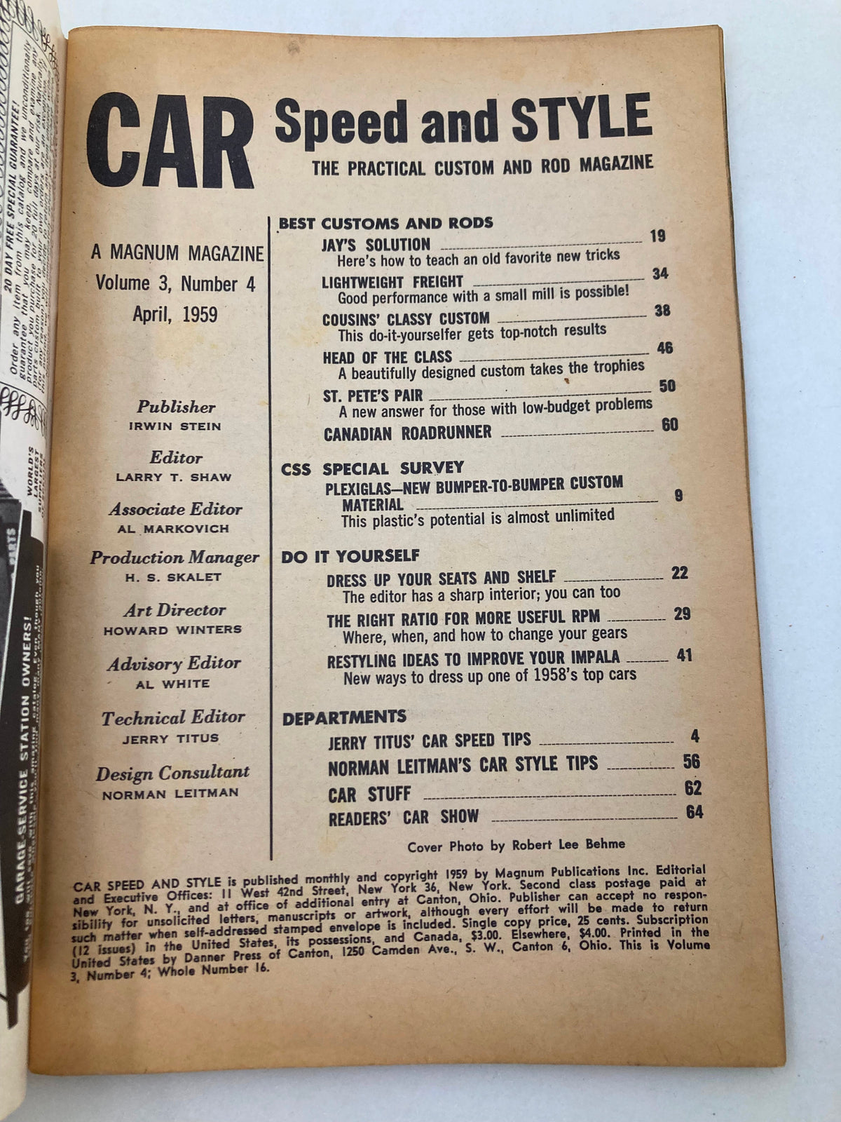 Interior page of VTG Car Speed & Style Magazine April 1959 Vol 3 #4 displaying the table of contents and editorial details, showcasing articles on custom cars and automotive advice.