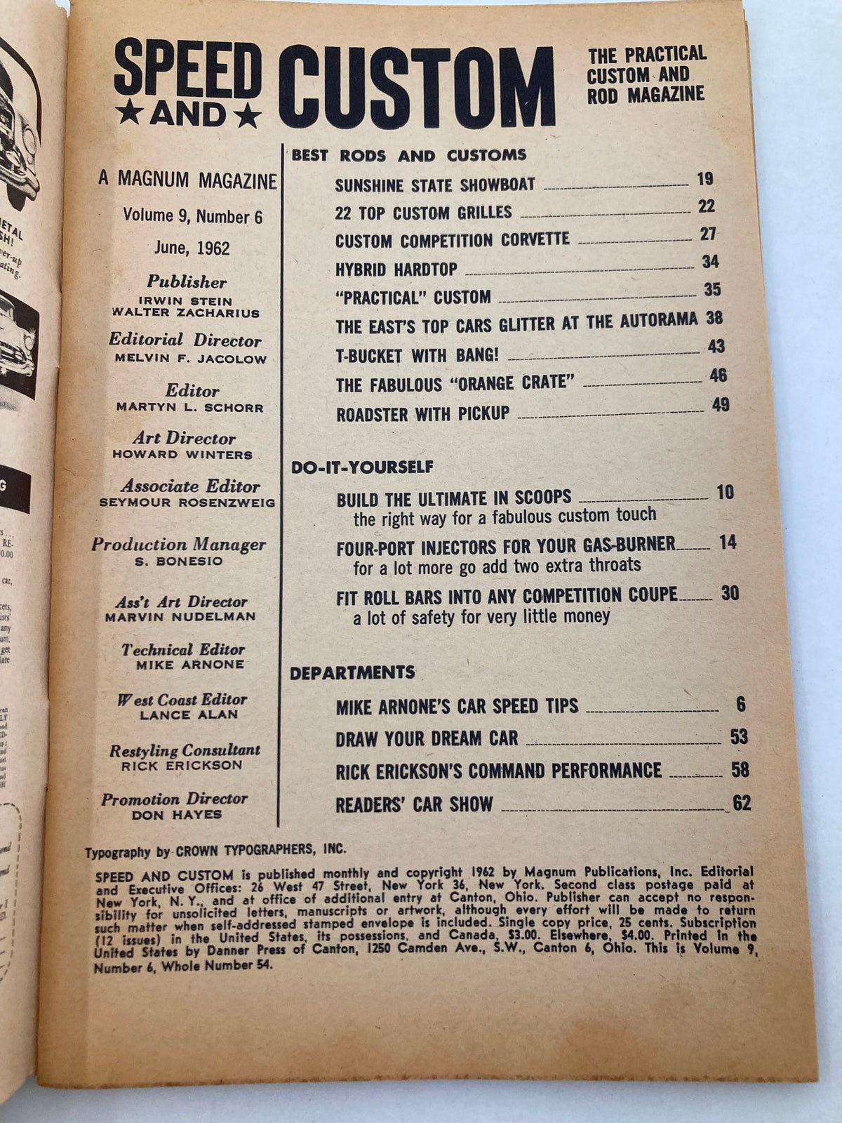 Interior page of VTG Speed & Custom Magazine June 1962 Vol 9 #6 featuring article titles and editorial staff list, showcasing vintage automotive culture.