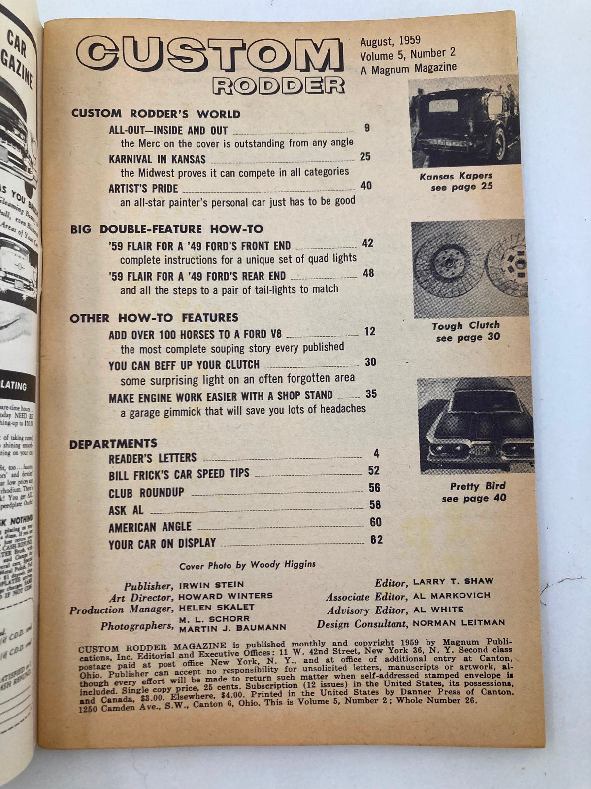 Inside page of VTG Custom Rodder Magazine August 1959 displaying the table of contents with various automotive articles and features related to classic cars.