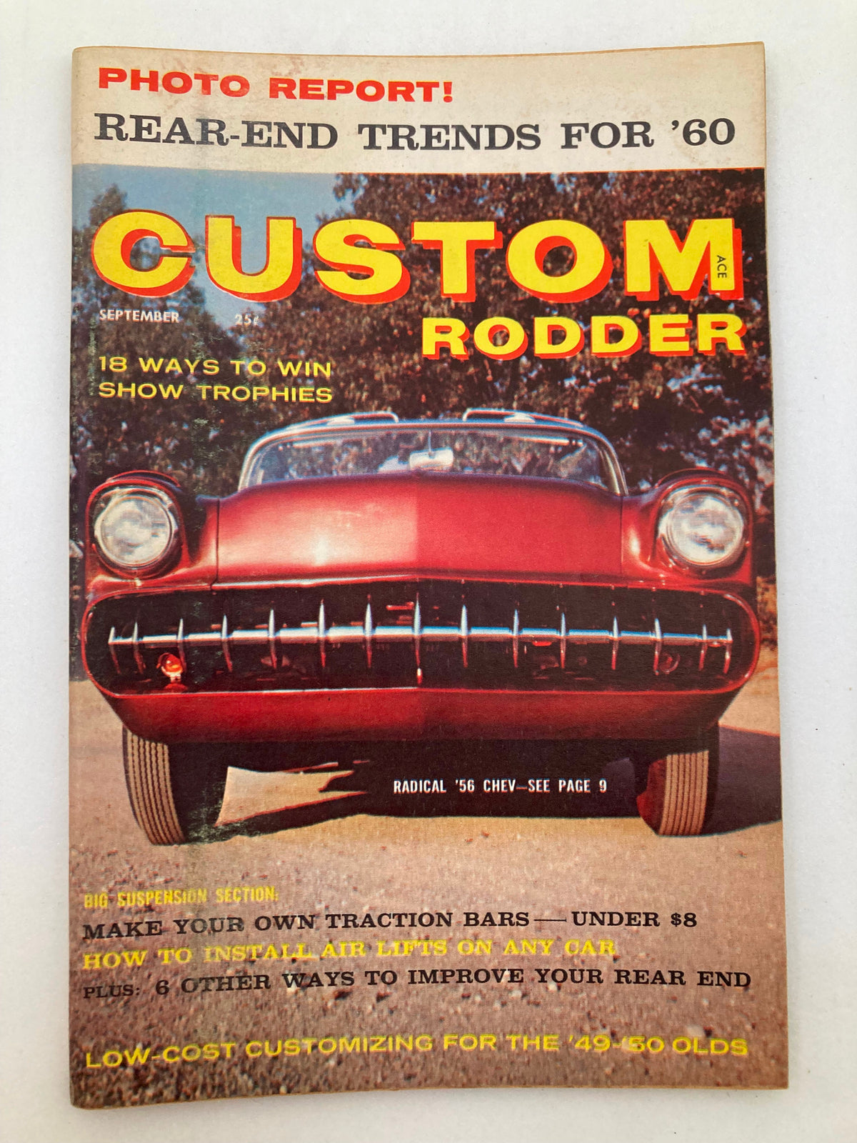 Cover of VTG Custom Rodder Magazine September 1959 Vol 5 #3 featuring a Radical '56 Chevy, highlighting articles on customizing cars, with vintage design and text.