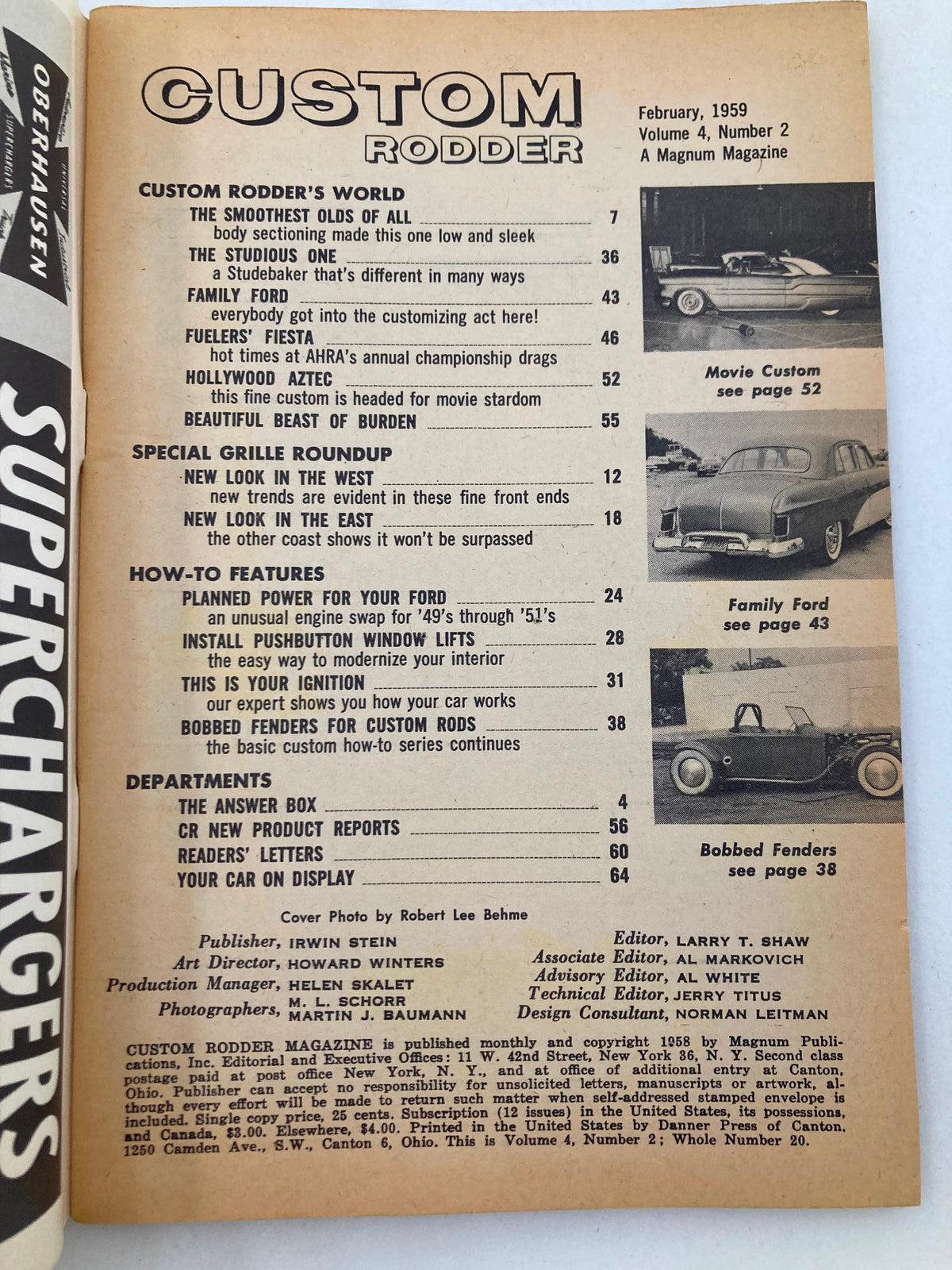 Interior page of Vintage Custom Rodder Magazine February 1959 Vol 4 #2 displaying the contents list, highlighting articles like plans for Ford customization and a special grille roundup.
