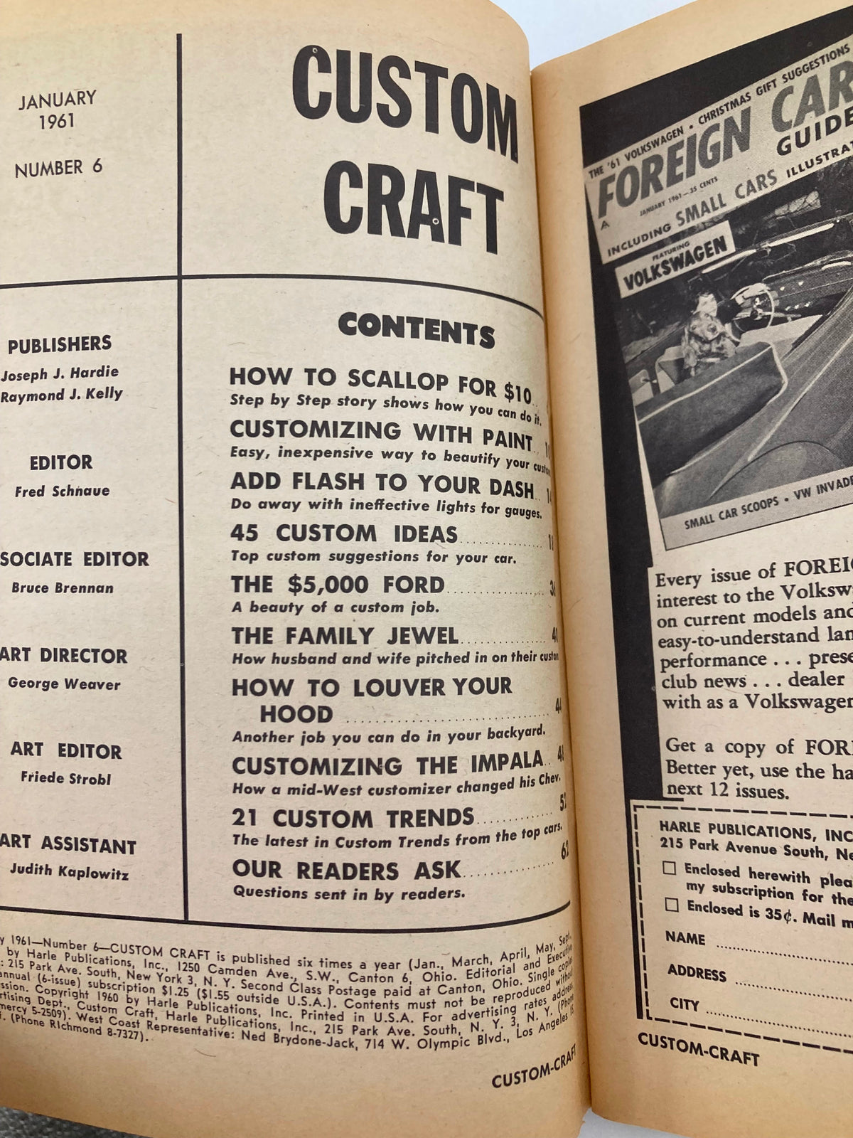Interior page of VTG Custom Craft Magazine January 1961 showcasing the table of contents. Includes sections on hood louvering, customizing techniques, and articles on classic cars.