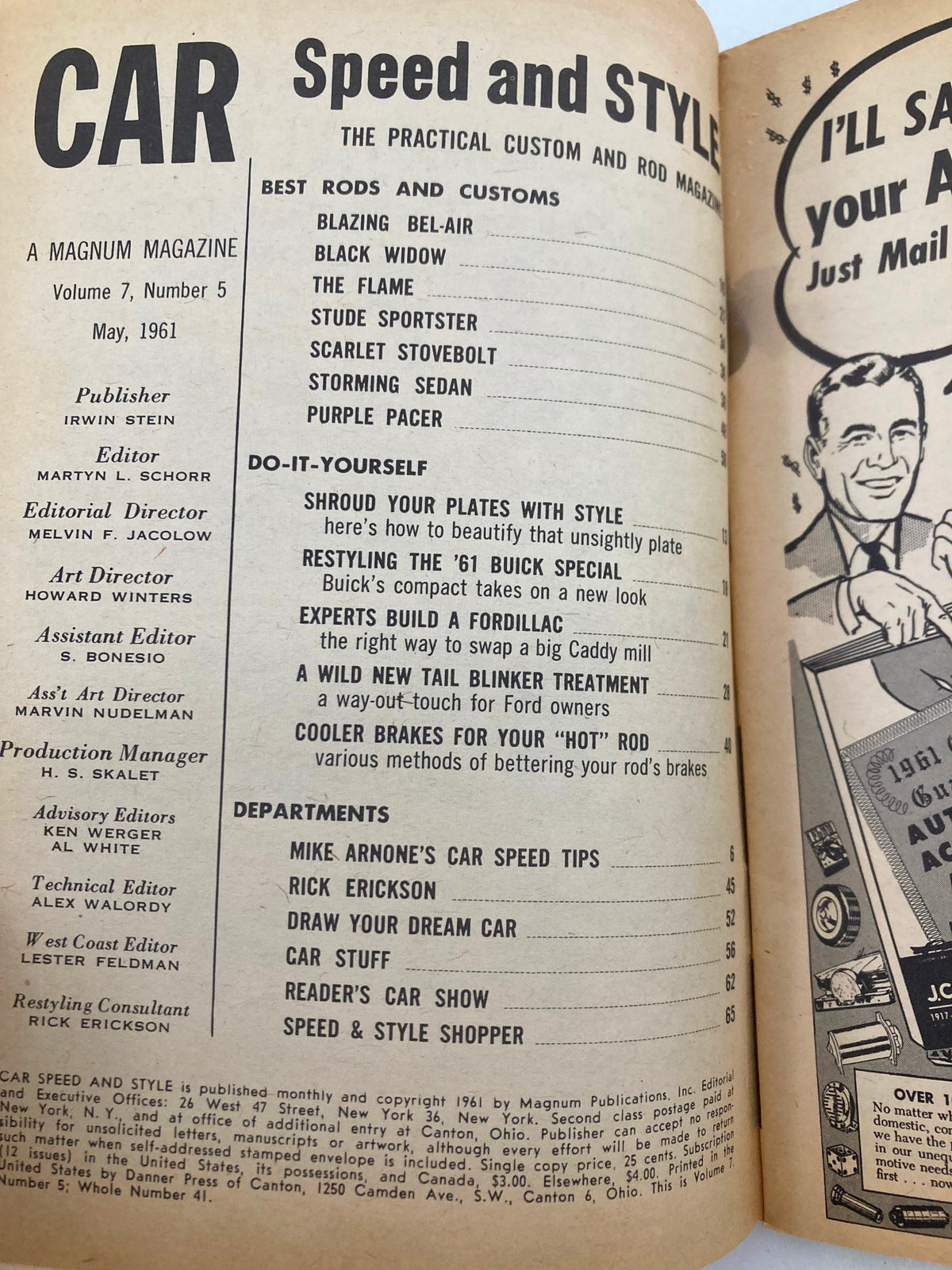 Interior page of the May 1961 VTG Car Speed & Style Magazine detailing sections on car modifications, including a feature on tail blinker treatments and DIY automotive advice.