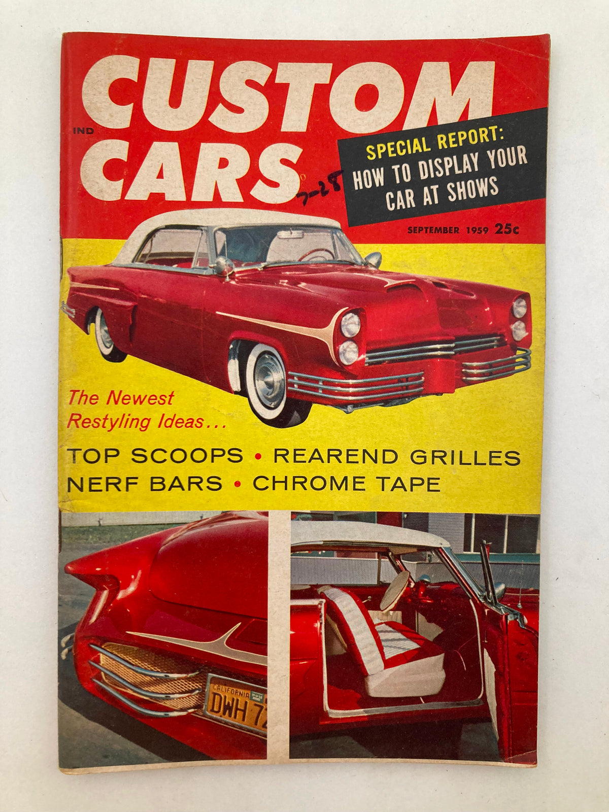 VTG Custom Cars Magazine September 1959 Vol 3 #1 featuring a striking red car on the cover with text highlighting the latest restyling ideas and special report on car show displays.