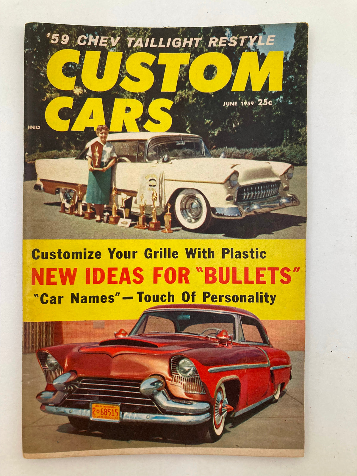 VTG Custom Cars Magazine June 1959 cover featuring a custom car photo, bold title 'CUSTOM CARS', and a woman holding trophies in front of a vintage car.