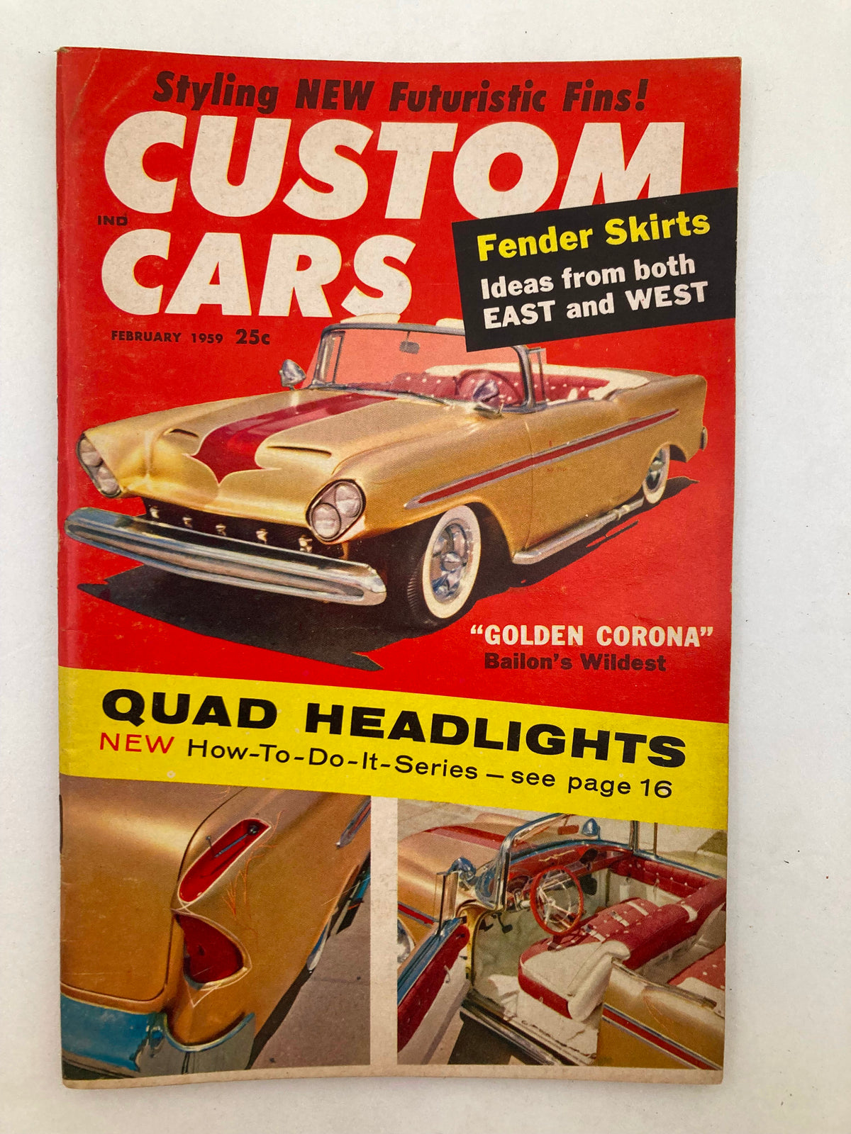 Cover of VTG Custom Cars Magazine February 1959 Vol 2 #6 featuring a striking golden convertible titled 'Golden Corona', emphasizes fender skirts, quad headlights, and automotive design innovation.