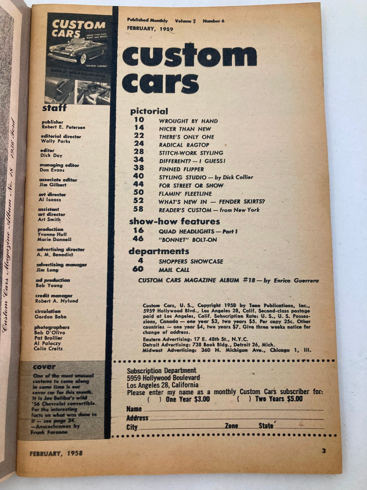 Interior page of VTG Custom Cars Magazine February 1959 Vol 2 #6 showcasing the magazine’s content layout including features like 'Quad Headlights' and 'Styling Studio', highlighting vintage automotive topics.