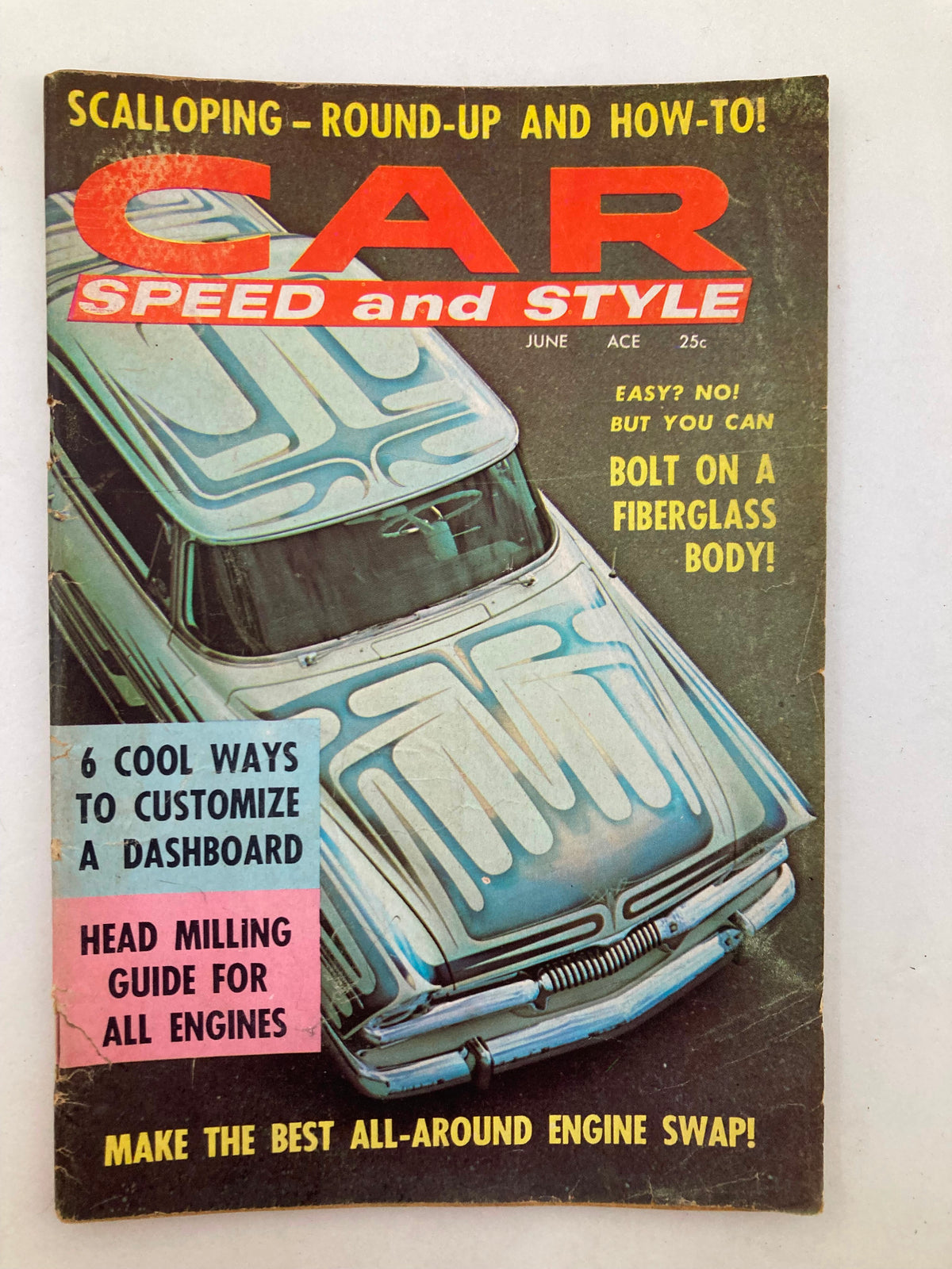 Cover of VTG Car Speed & Style Magazine from June 1958, Volume 1, Issue 6, featuring a vintage car with a fiberglass body and highlighted articles on customization and engine swaps.