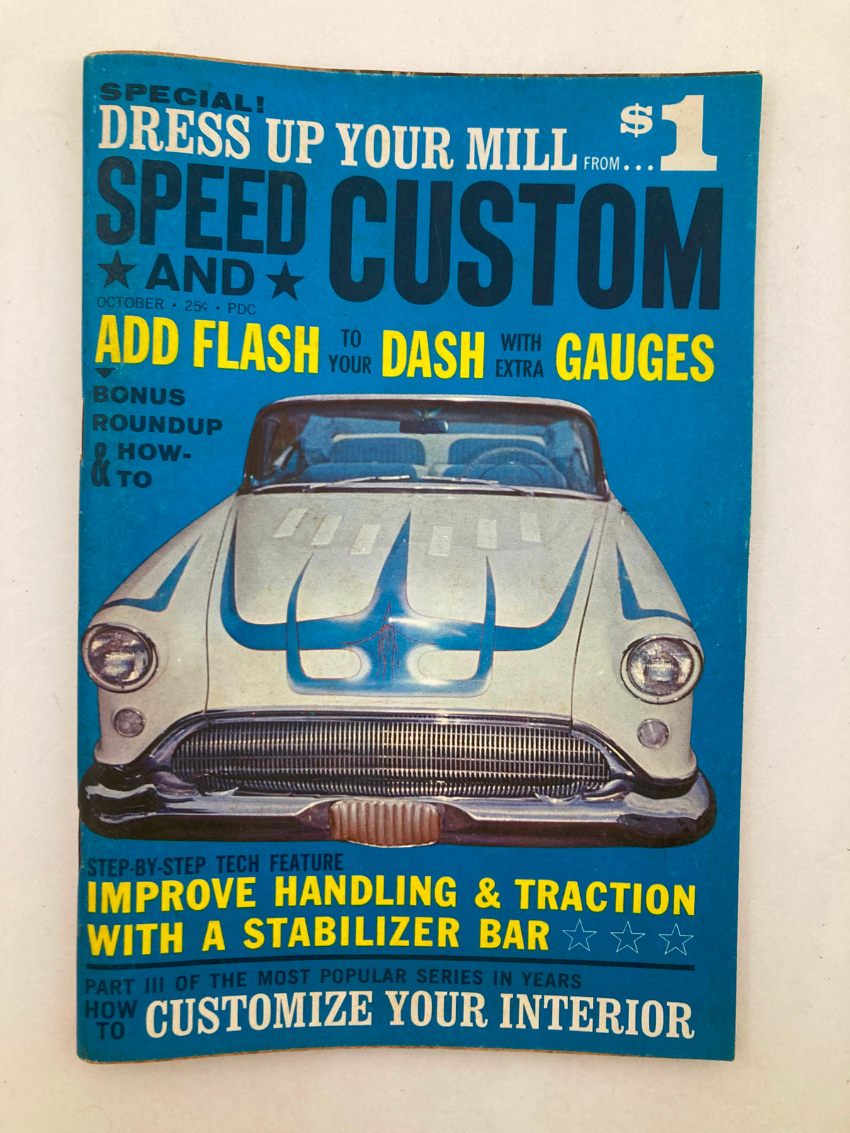 Cover of VTG Speed & Custom Magazine October 1961 Vol 8 #4 featuring a detailed illustration of a car with a focus on automotive customization and extra gauges.