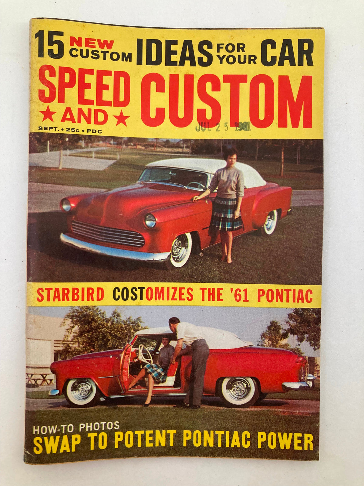 Vintage Speed & Custom Magazine cover from September 1961, Volume 8 Issue 3, featuring a red customized car and a couple. The title prominently displays '15 New Custom Ideas for Your Car' and 'Starbird Costumizes the ’61 Pontiac.' A nostalgic representation of early 1960s automotive culture.