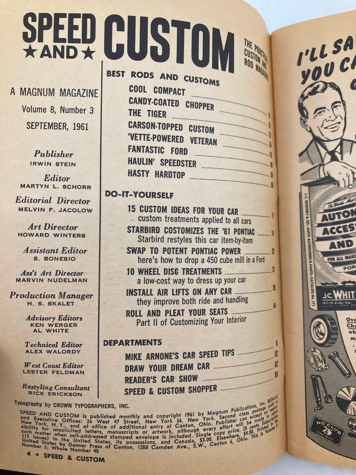 Interior page of the September 1961 Speed & Custom Magazine, Volume 8 Issue 3, showcasing the table of contents with sections on custom cars and DIY car tips. The vintage layout reflects the automotive styling and trends of the early 1960s.