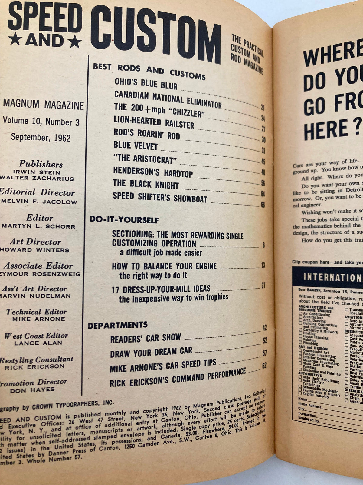 Interior page of VTG Speed & Custom Magazine, September 1962, Vol 10 #3 displaying table of contents and notable car models including Blue Velvet.
