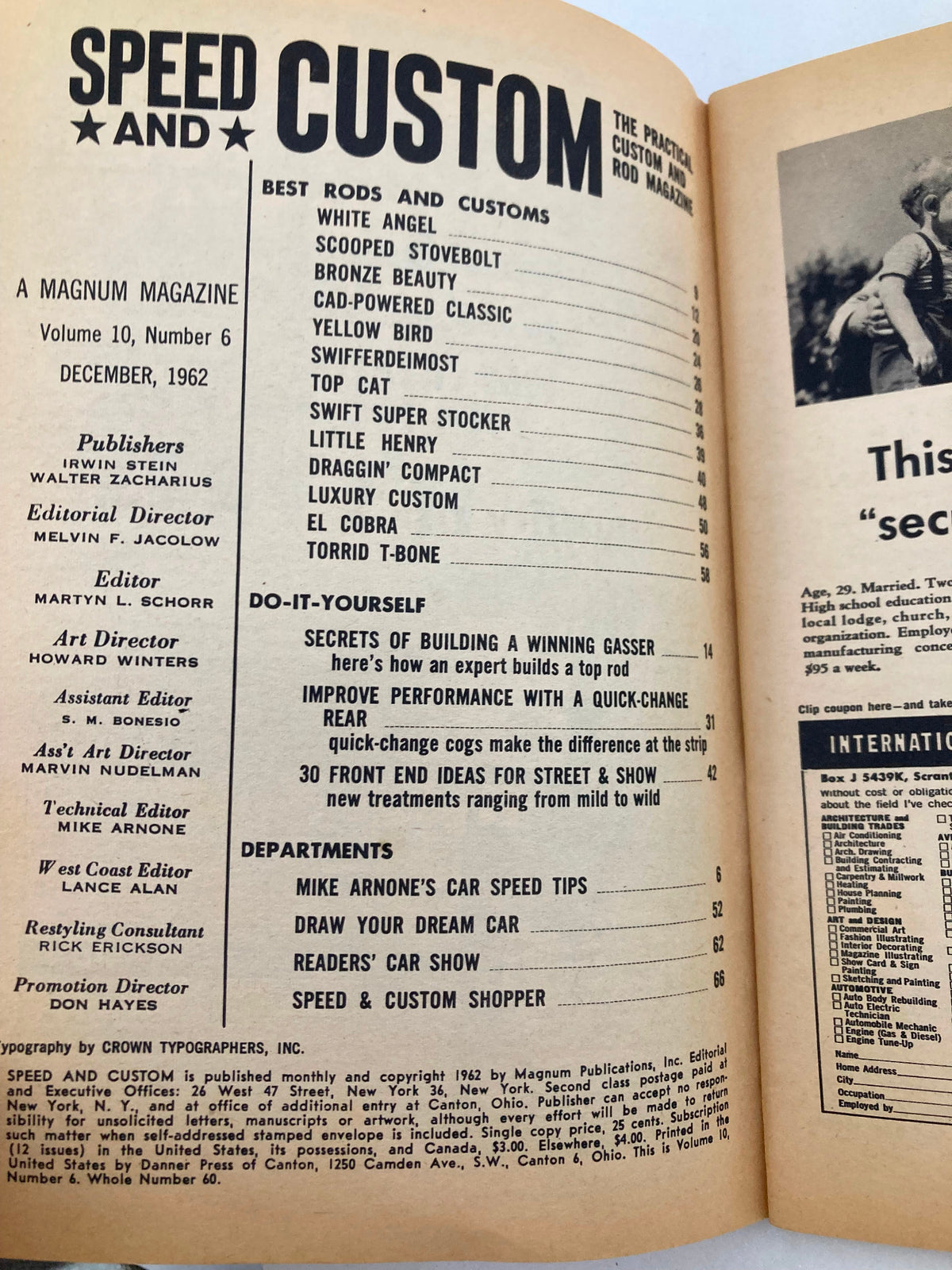 Contents page of VTG Speed & Custom Magazine December 1962 Vol 10 #6 listing articles such as 'Secrets of Building a Winning Gasser' and 'Improve Performance with a Quick Change Rear'.