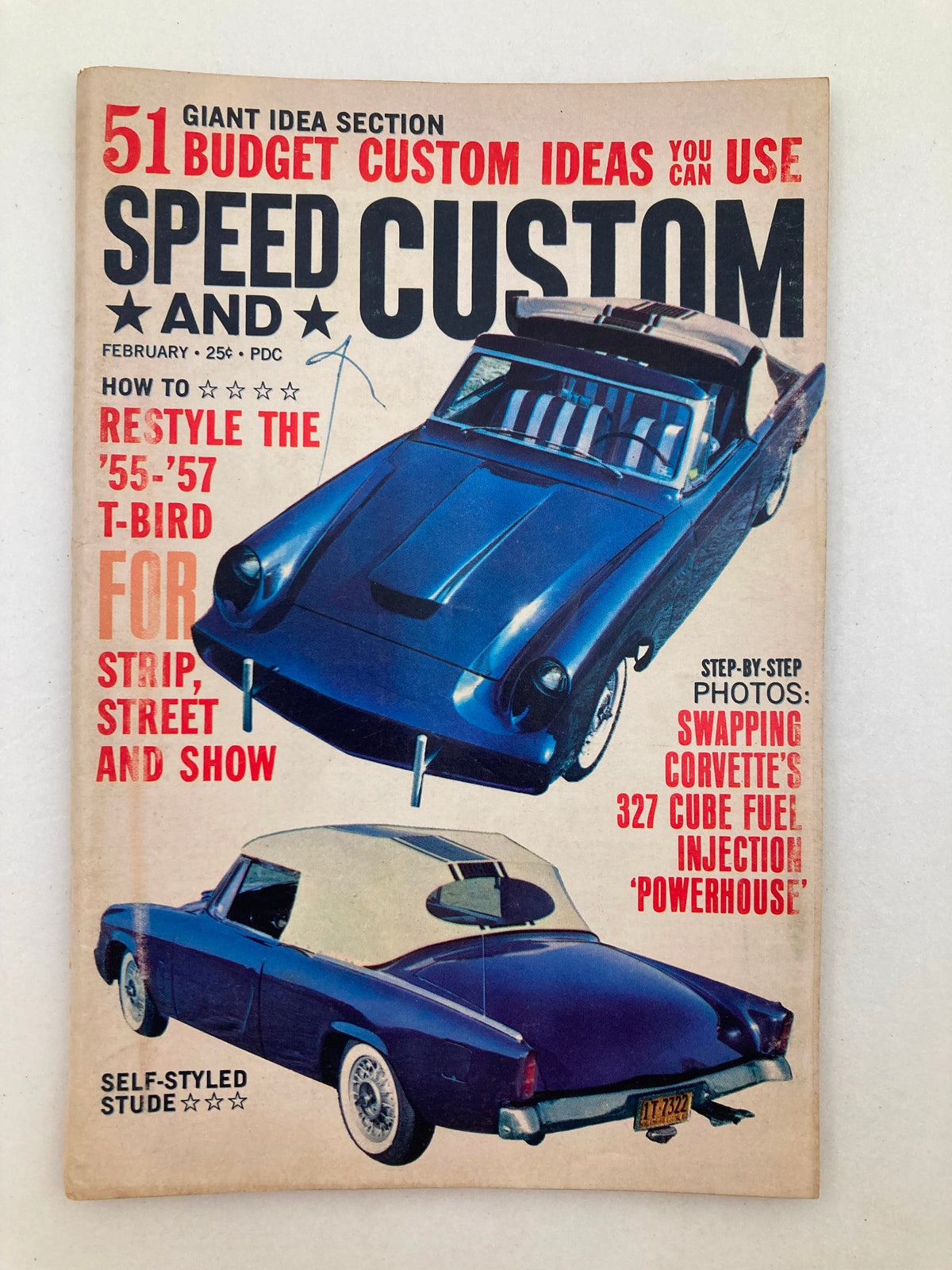 VTG Speed & Custom Magazine February 1963 Vol 11 #2 featuring a stylish T-Bird on the cover. This collectible magazine offers insights on automotive custom ideas and restoration.