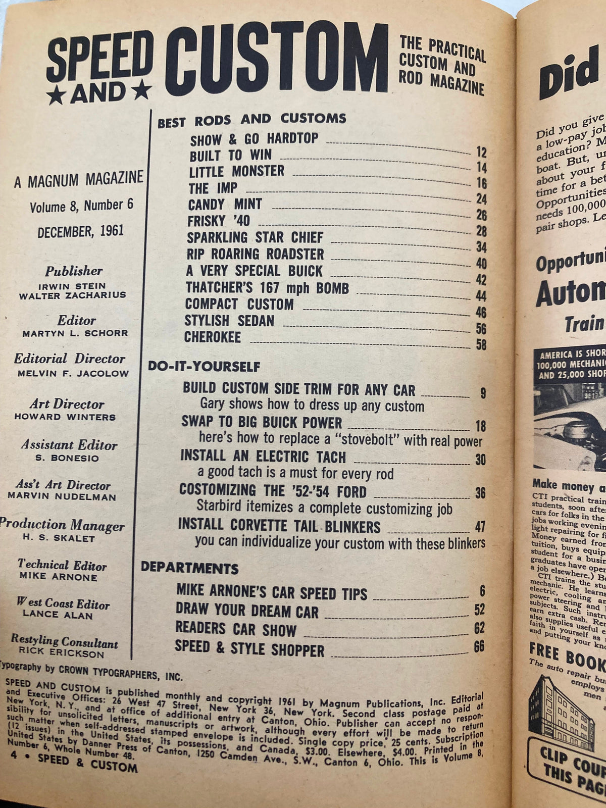 Interior page of VTG Speed & Custom Magazine December 1961 Vol 8 #6 displaying the table of contents, highlighting custom car features and DIY projects.