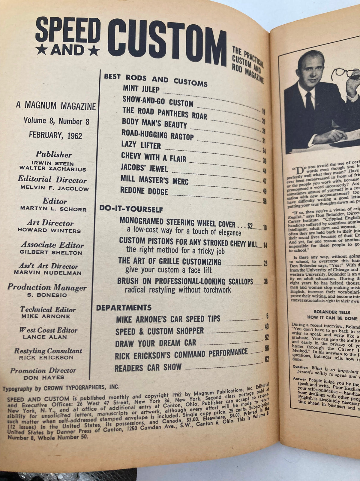 Interior view of VTG Speed & Custom Magazine February 1962 Vol 8 No 8 showing the table of contents and editorial information, highlighting custom cars and automotive culture.