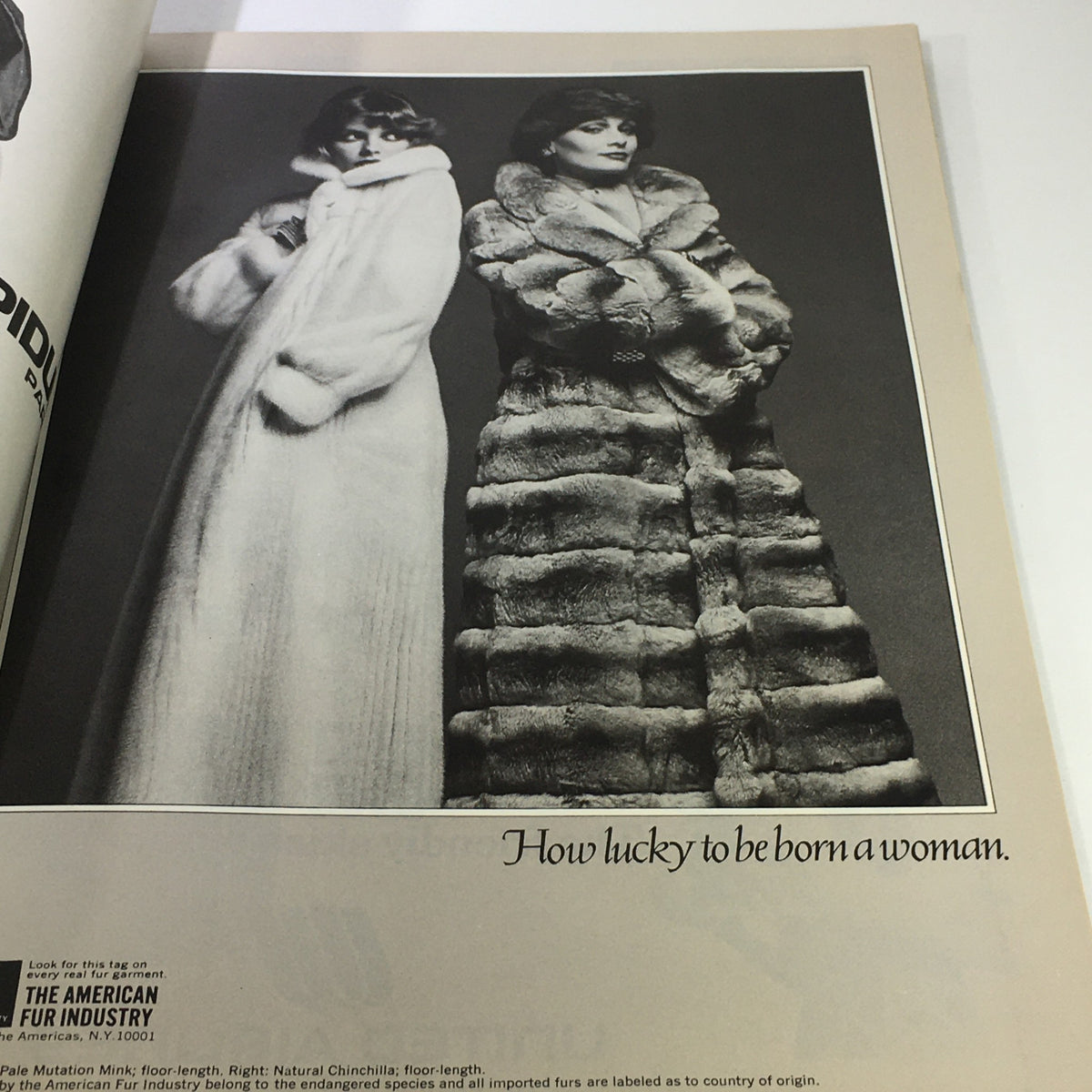 L'Officiel USA Magazine Fall Collection 1976 featuring two models in vintage fur and wool coats showcasing the elegance of 1970s fashion.