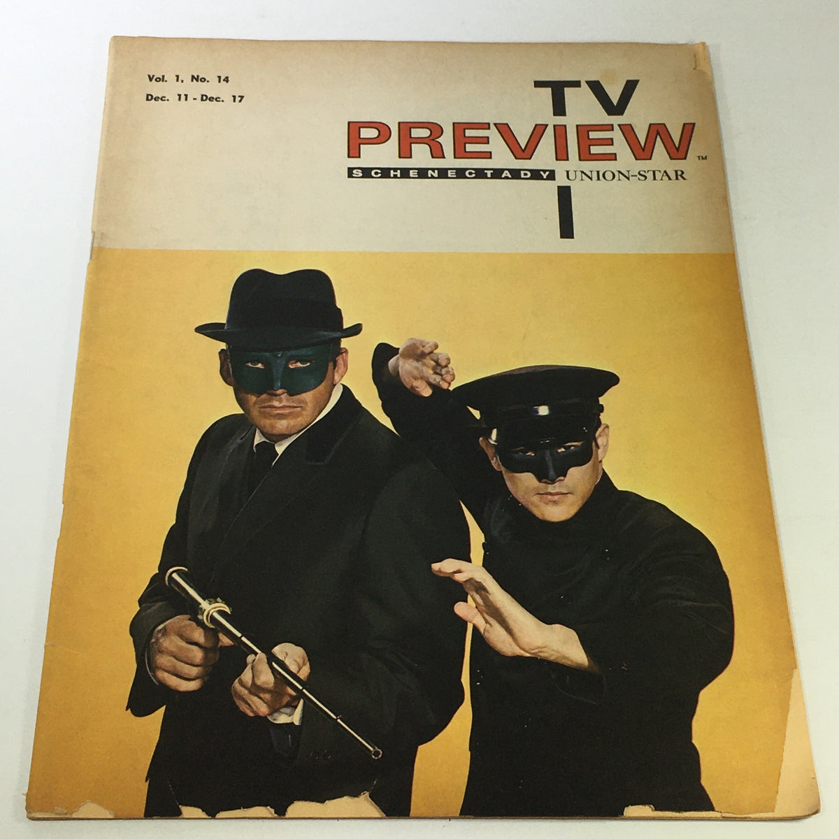 VTG TV Preview Vol. 1 No. 14 December 11-17 1966 featuring The Green Hornet, showcasing two characters in masks and hats on the cover.
