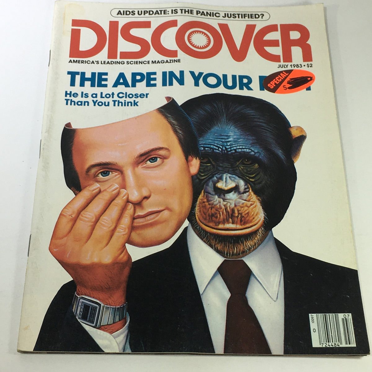Cover of VTG Discover Science Magazine July 1983 - The Ape featuring a unique illustration of a man's face merged with a chimpanzee's face, symbolizing the close evolutionary relationship between humans and apes.