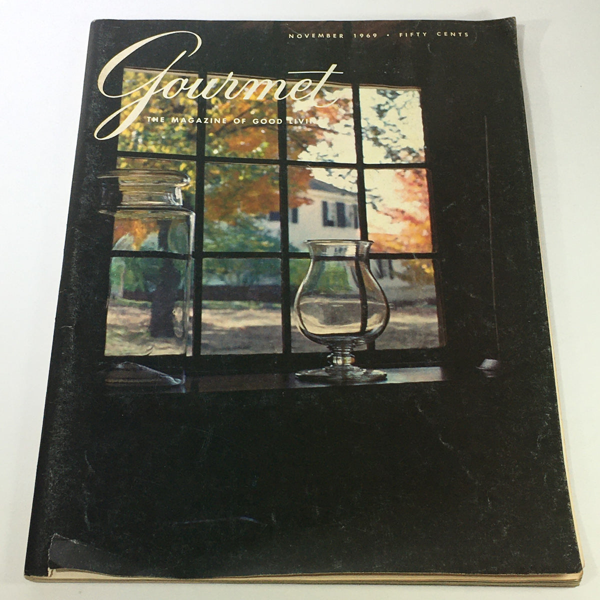 Cover of VTG Gourmet: The Magazine of Good Living, November 1969, featuring a serene window view with glass lanterns, showcasing vintage culinary aesthetics.