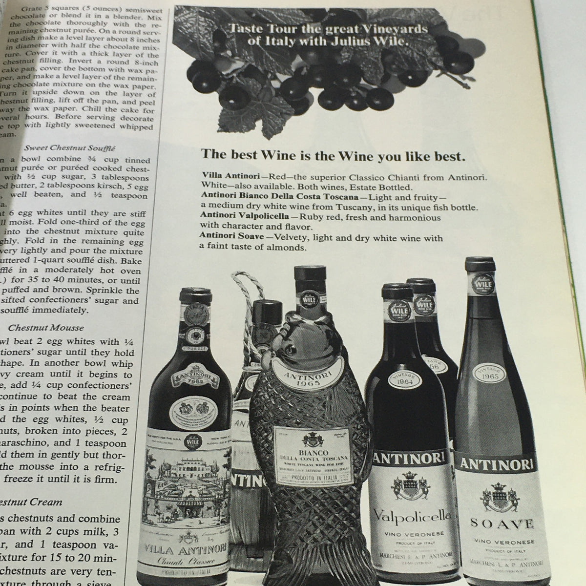Vintage Gourmet magazine October 1969 showcasing wine options with Antinori wines including Villa Antinori, Antinori Bianco Della Costa Toscana, and Antinori Valpolicella. A glimpse into the world of culinary culture from the 1960s.