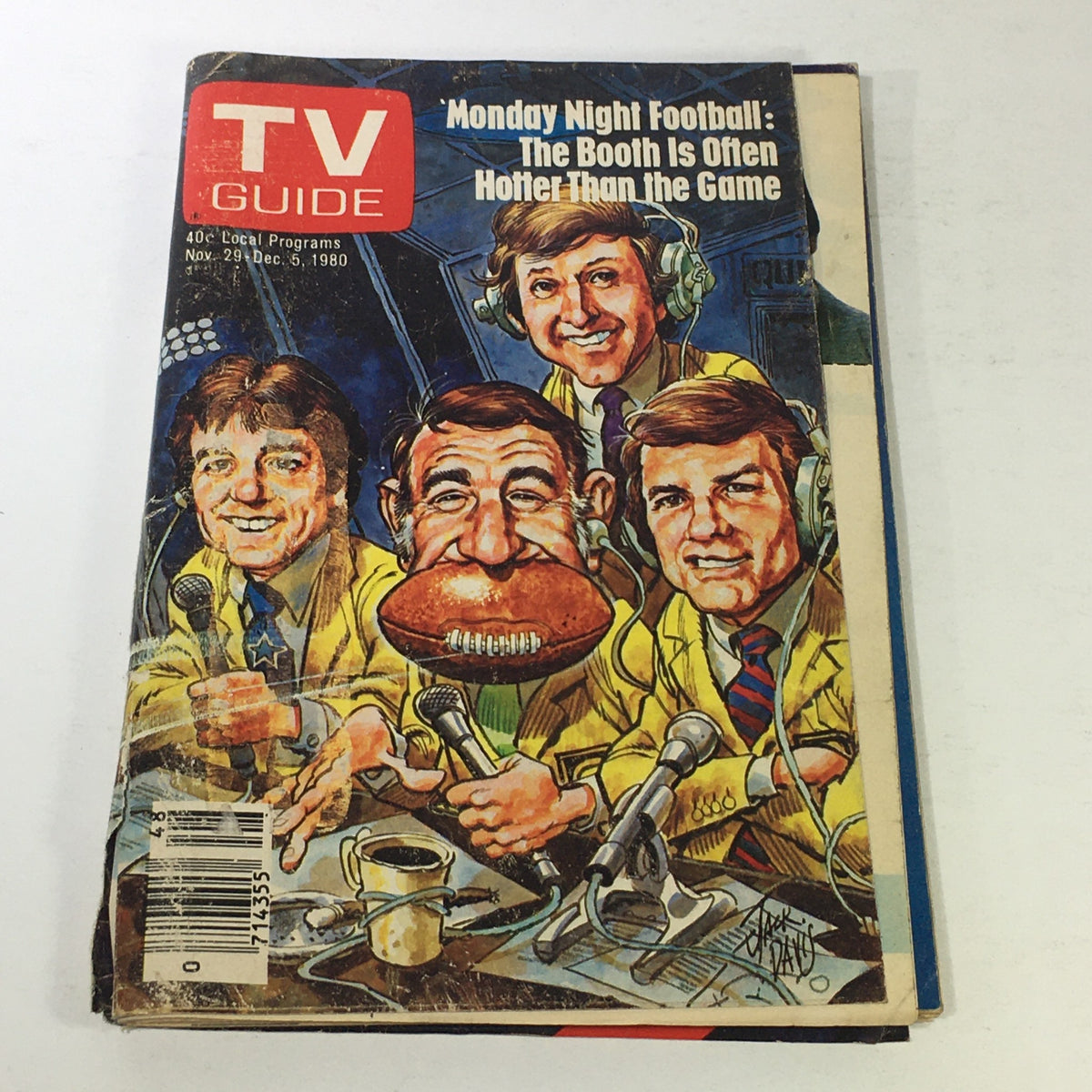 VTG TV Guide Local Programs November 29-December 5 1980 cover featuring caricatures of football announcers with microphones and a large football, illustrated by Jack Davis.