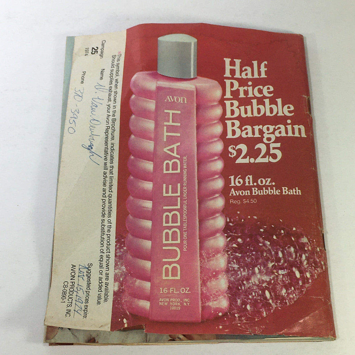 Vintage Avon Christmas Price Guide Product Catalog December 1974 featuring Avon Bubble Bath with promotional pricing.