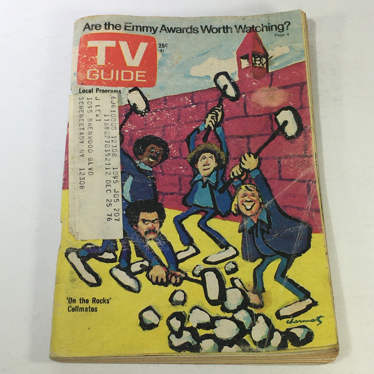 Vintage TV Guide from May 15, 1976 featuring 'On The Rocks' Cellmates, Rochester NY, with colorful cartoon cover showing characters with brooms and a brick wall.