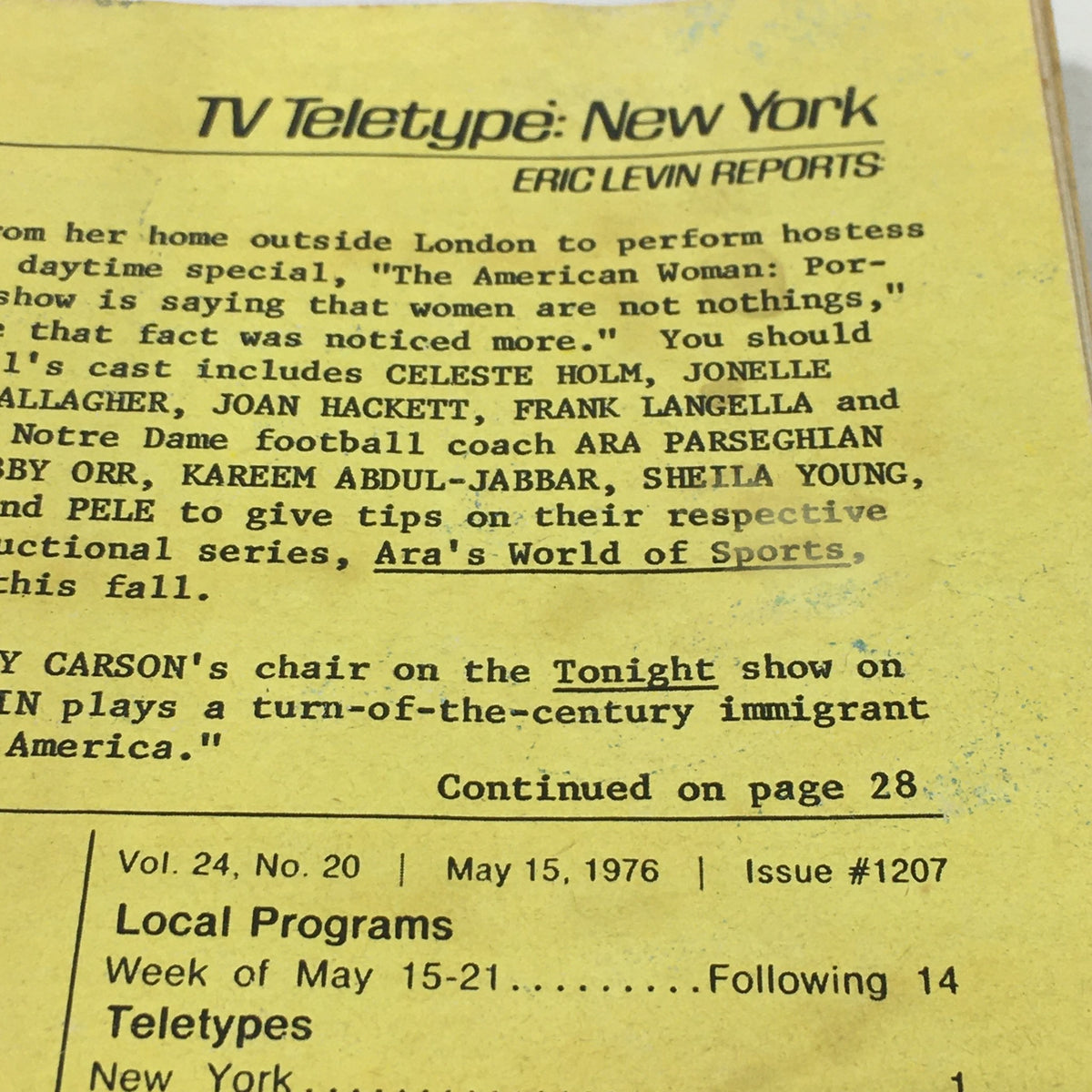 Text content from the VTG TV Guide dated May 15, 1976, discussing local programs and notable personalities of the era.