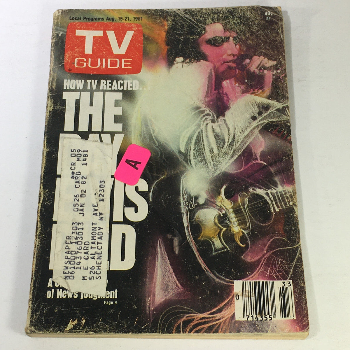 Cover of the VTG TV Guide Local Programs August 15-21 1981 featuring an image related to Elvis Presley, showcasing the magazine's vintage design and condition with tags and address label.