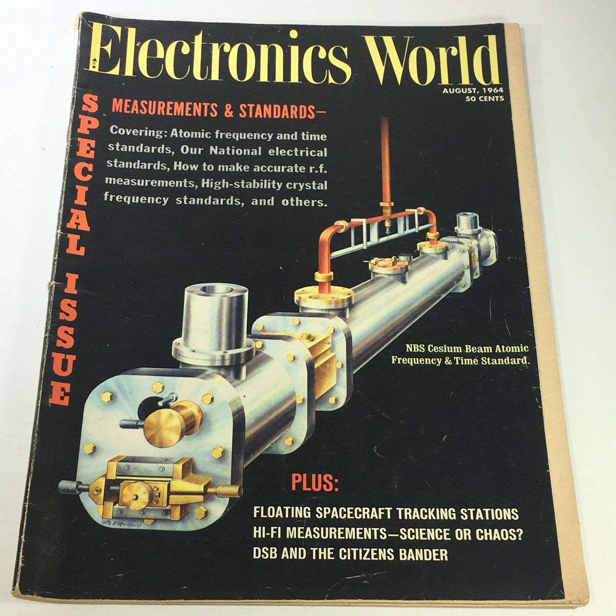 Cover of the VTG Electronics World Price Guide Magazine August 1964, featuring themes of Measurements & Standards, including details on Atomic frequency, high-stability crystal frequency standards, and a visual depiction of NBS Cesium Beam Atomic Frequency & Time Standard.