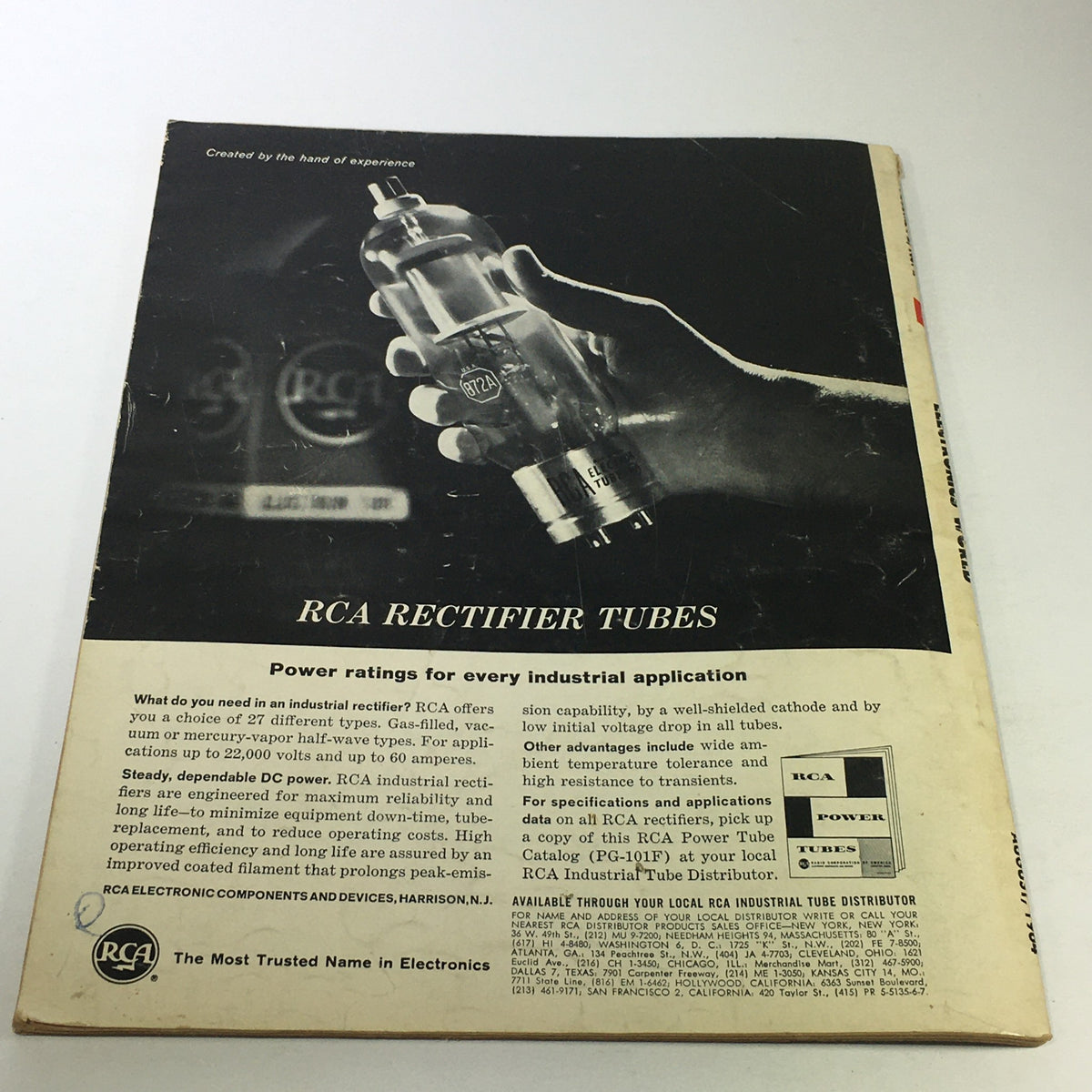 Back cover of the VTG Electronics World Price Guide Magazine August 1964 showcasing an advertisement for RCA rectifier tubes.