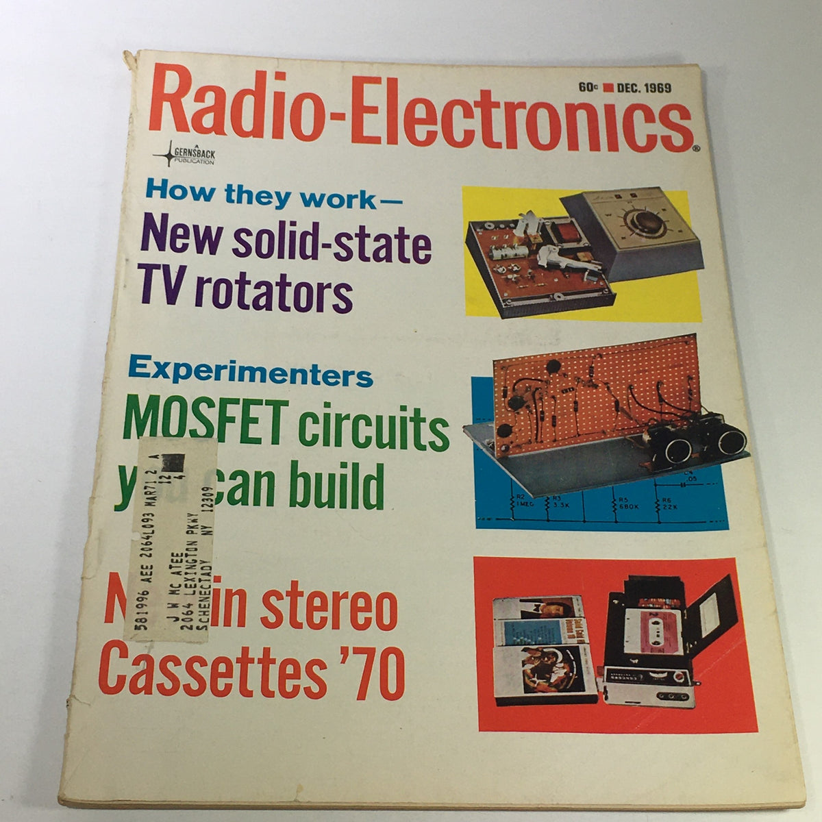 Cover of VTG Radio-Electronics Magazine December 1969 featuring articles on solid-state TV rotators and MOSFET circuits, showcasing vintage electronic technology.