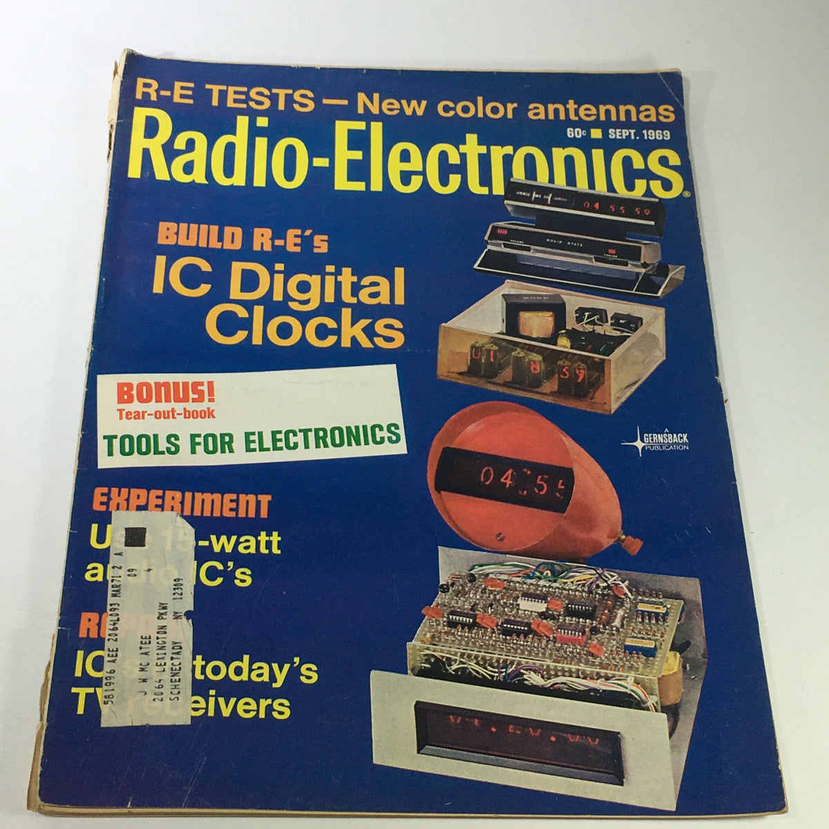 Vintage Radio-Electronics Magazine September 1969 cover featuring a bold title, 'Build R-E's IC Digital Clocks', and images of digital clock projects and electronics tools.