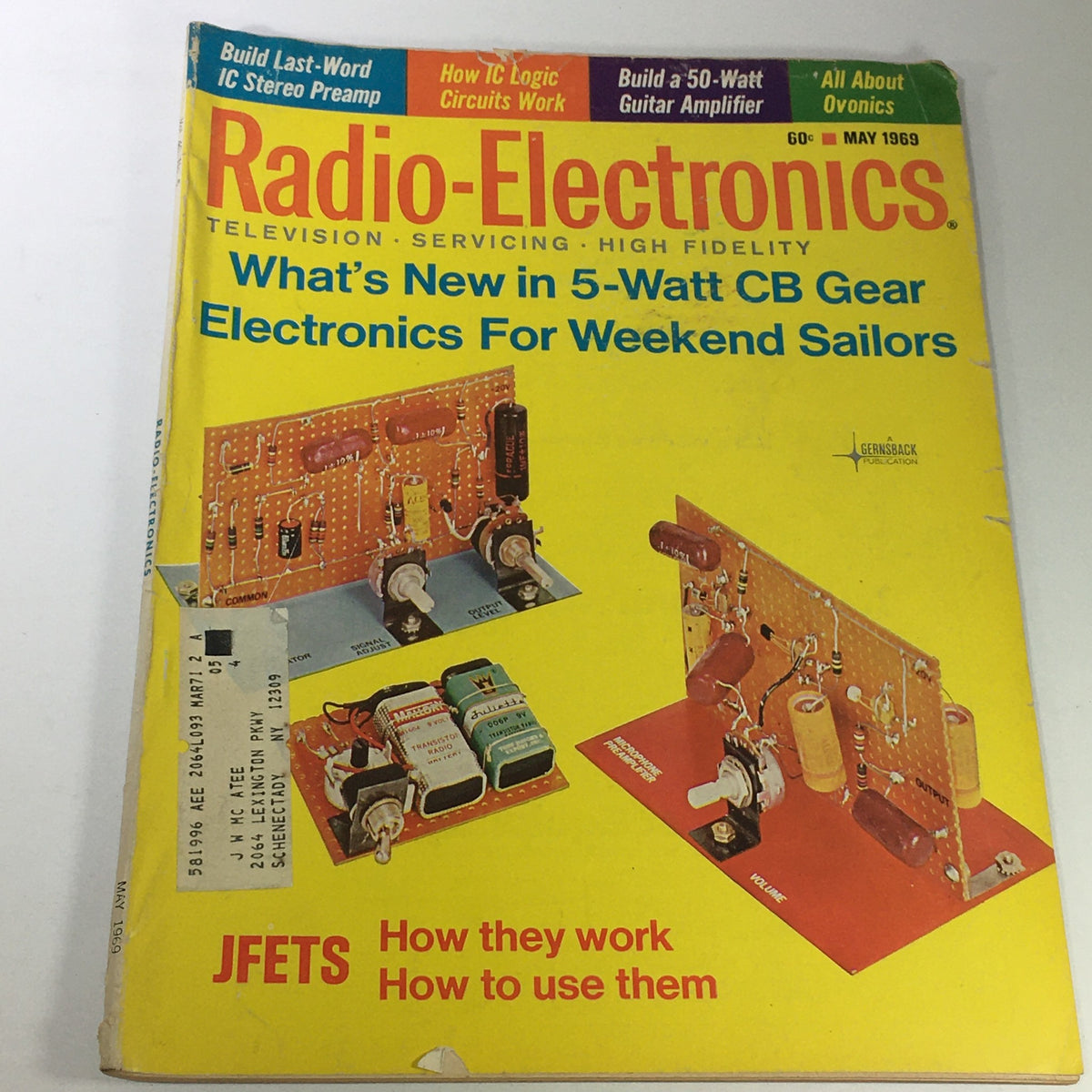 VTG Radio-Electronics Magazine May 1969 cover featuring articles on 5-watt CB gear and electronic circuits, showcasing various electronic components and designs.