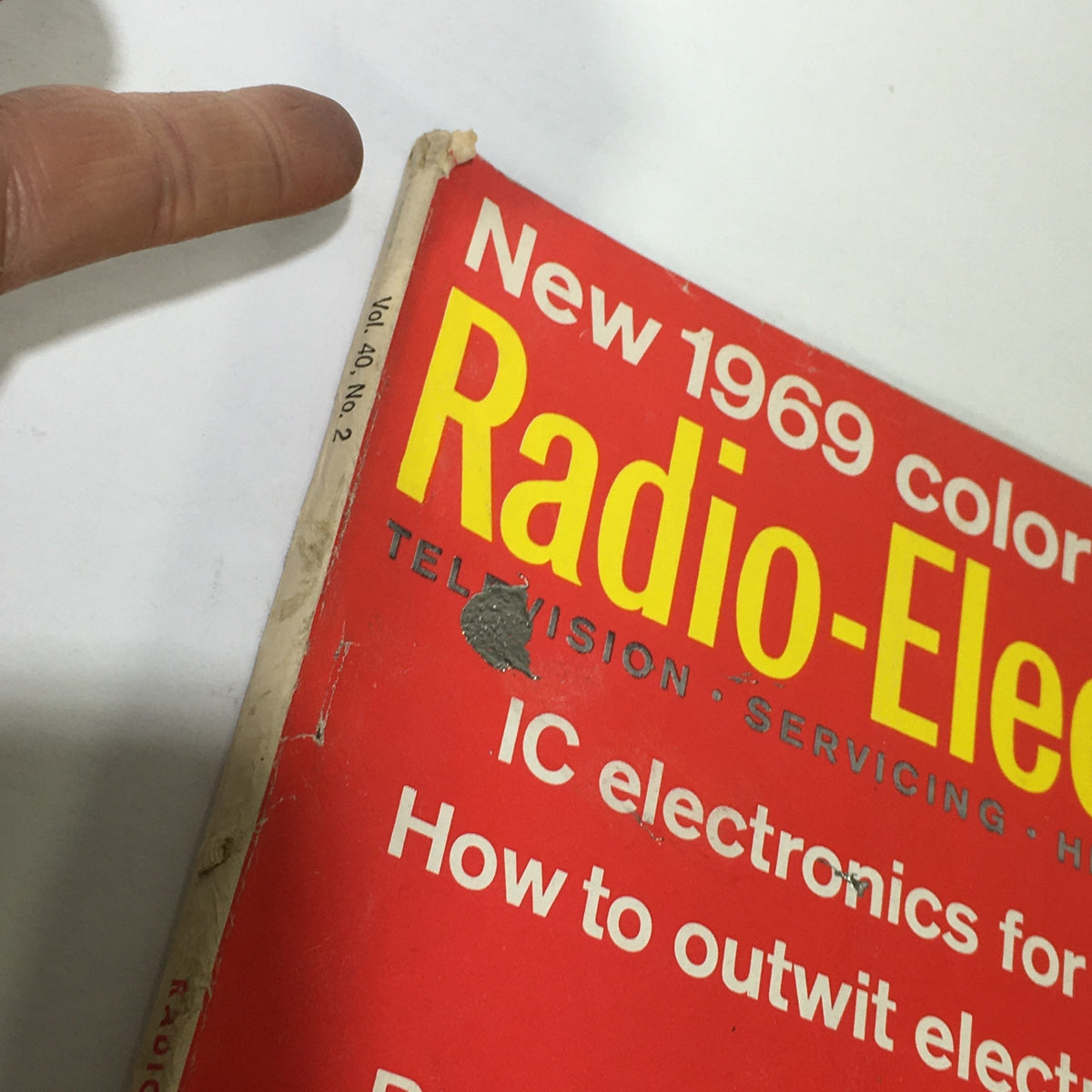 Close-up view of the spine of VTG Radio-Electronics Magazine February 1969, highlighting the magazine's volume and issue number.