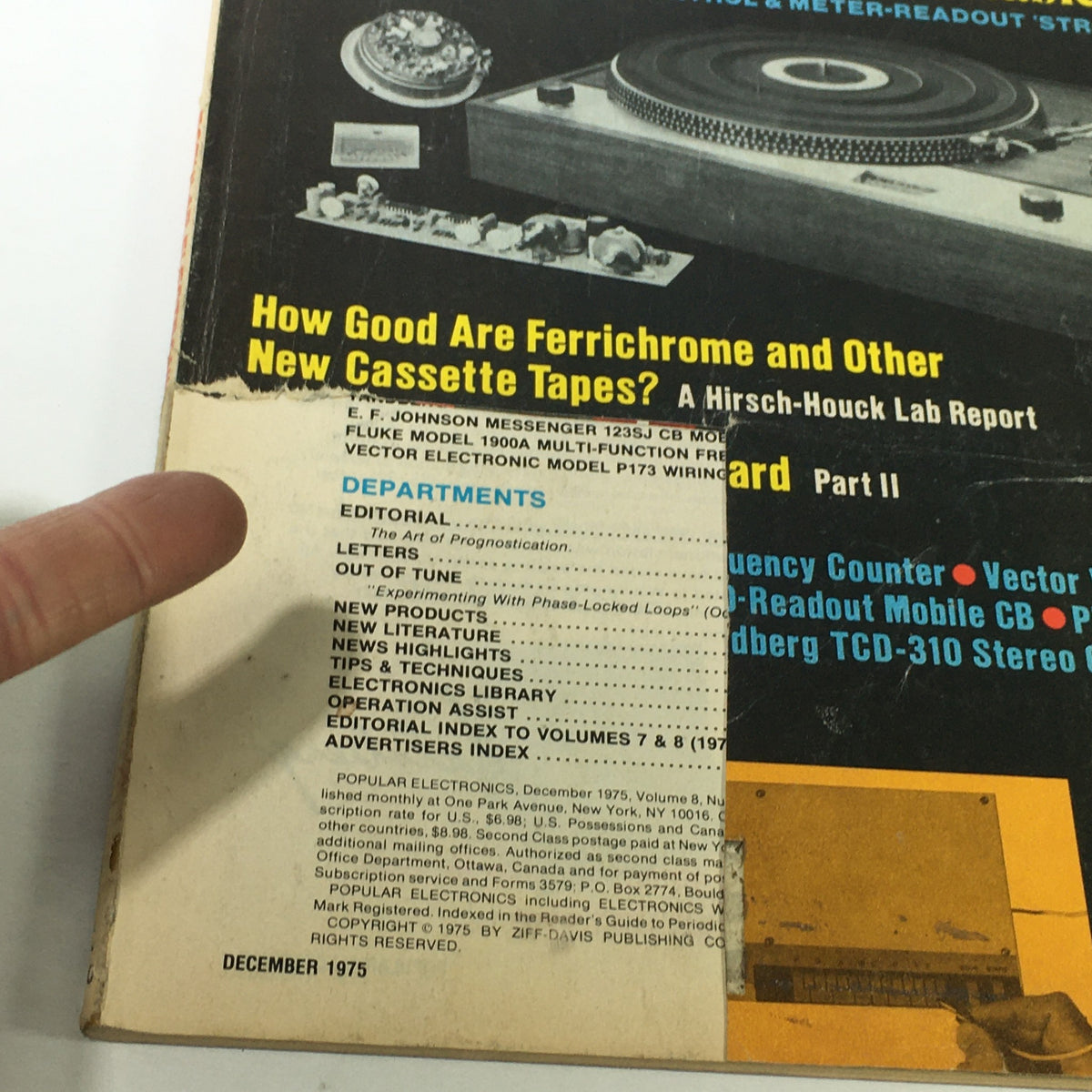 Close-up view of the cover of VTG Radio-Electronics Magazine December 1975 showing details about a Direct-Drive Electronic Turntable and additional articles on audio equipment.