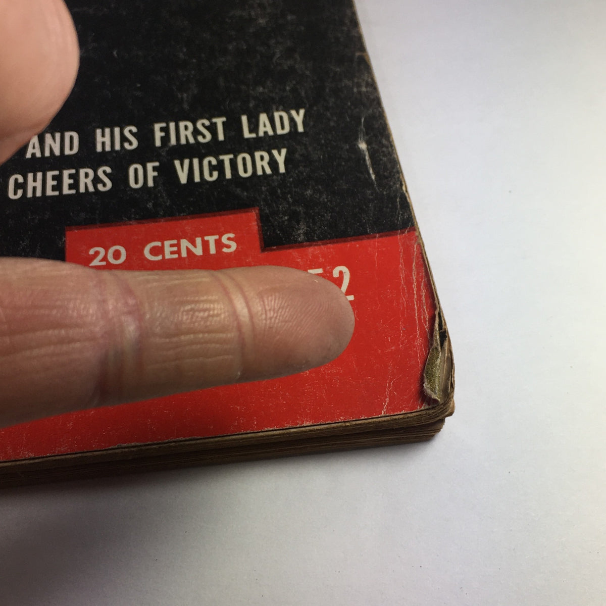 Detail view of the vintage Life Magazine November 17, 1952, emphasizing the magazine's price and condition, related to Dwight D. Eisenhower and Mamie.