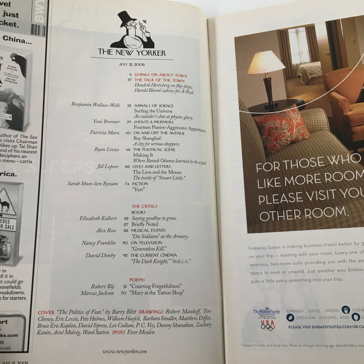 The interior page of The New Yorker magazine July 21 2008 showcasing the table of contents, with titles including essays and poems, reflecting the magazine's diverse literary offerings.