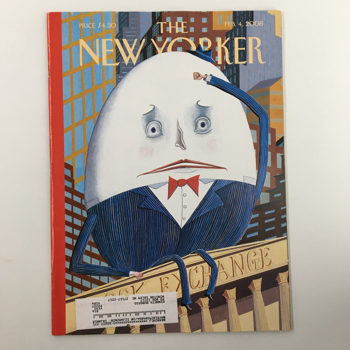 The New Yorker Magazine Cover - February 4, 2008 featuring Humpty Dumpty by Kathy Osbourn, showcasing a whimsical egg character in a suit against a city background.