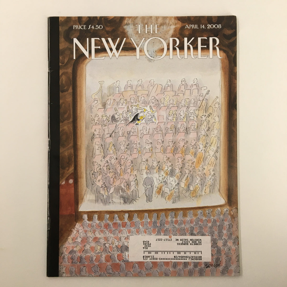 Cover of The New Yorker magazine from April 14, 2008, featuring the whimsical illustration by J.J. Sempe depicting a crowded theater scene.